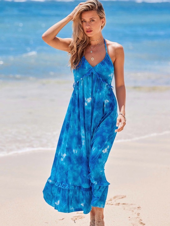 Cupshe Dresses & Skirts - Cupshe Tie Dye & Ruffle Maxi Jersey Halter Tie Sun Dress in Blue&White/sz sm/EUC